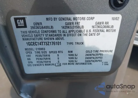 2003 Chevrolet Silverado 1500 from USA, damaged, VIN 1GCEC14T73Z176101